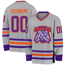 Load image into Gallery viewer, Custom Gray Purple-Orange Hockey Jersey
