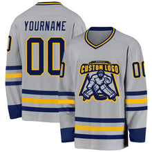 Load image into Gallery viewer, Custom Gray Navy-Gold Hockey Jersey
