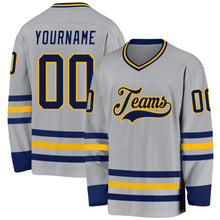 Load image into Gallery viewer, Custom Gray Navy-Gold Hockey Jersey
