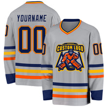 Load image into Gallery viewer, Custom Gray Navy Gold-Orange Hockey Jersey
