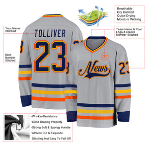 Custom Gray Navy Gold-Orange Hockey Jersey