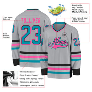 Custom Gray Teal Black-Pink Hockey Jersey