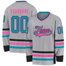 Load image into Gallery viewer, Custom Gray Teal Black-Pink Hockey Jersey
