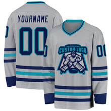 Load image into Gallery viewer, Custom Gray Navy-Teal Hockey Jersey
