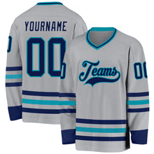 Load image into Gallery viewer, Custom Gray Navy-Teal Hockey Jersey
