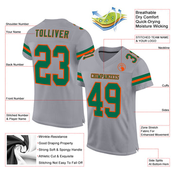 Custom Gray Kelly Green-Orange Mesh Authentic Football Jersey