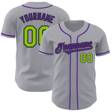 Load image into Gallery viewer, Custom Gray Neon Green Black-Purple Authentic Baseball Jersey
