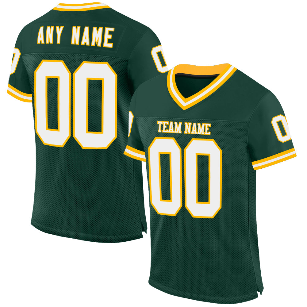 Custom Green White-Gold Mesh Authentic Throwback Football Jersey