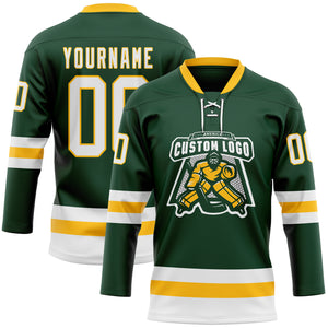 Custom Green White-Gold Hockey Lace Neck Jersey