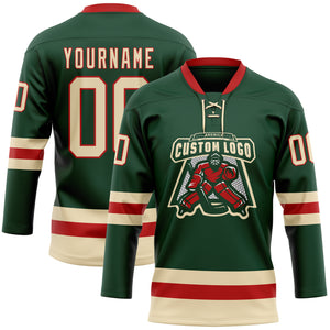 Custom Green Cream-Red Hockey Lace Neck Jersey