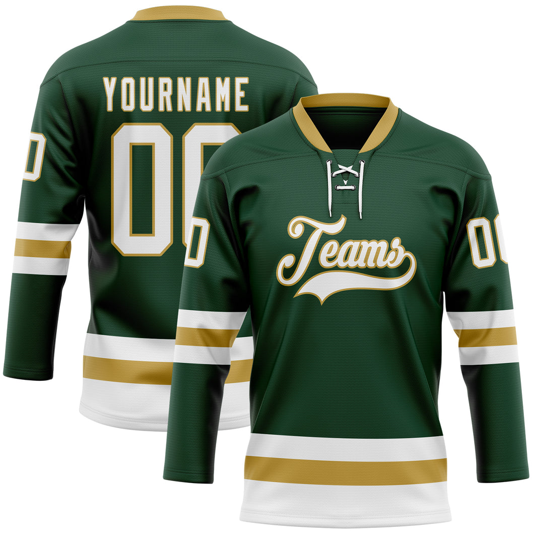 Custom Green White-Old Gold Hockey Lace Neck Jersey