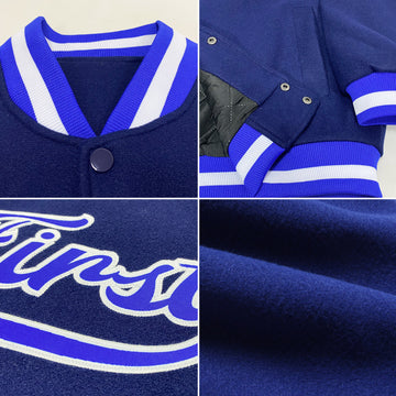 Custom Navy Royal-White Bomber Full-Snap Varsity Letterman Jacket