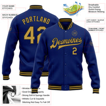 Load image into Gallery viewer, Custom Royal Old Gold-Black Bomber Full-Snap Varsity Letterman Jacket
