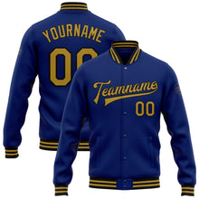 Load image into Gallery viewer, Custom Royal Old Gold-Black Bomber Full-Snap Varsity Letterman Jacket
