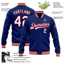 Load image into Gallery viewer, Custom Royal White-Red Bomber Full-Snap Varsity Letterman Jacket
