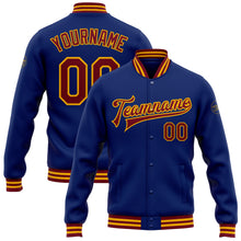 Load image into Gallery viewer, Custom Royal Crimson-Gold Bomber Full-Snap Varsity Letterman Jacket
