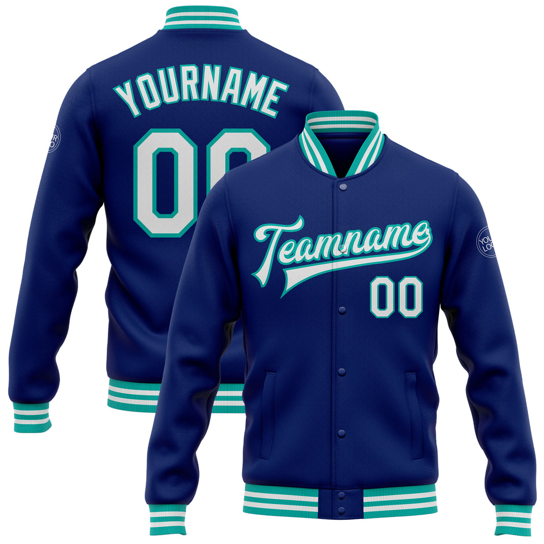 Custom Royal White-Aqua Bomber Full-Snap Varsity Letterman Jacket