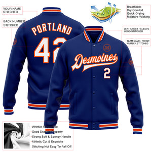 Custom Royal White-Orange Bomber Full-Snap Varsity Letterman Jacket