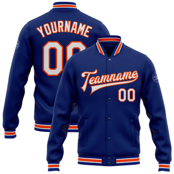 Custom Royal White-Orange Bomber Full-Snap Varsity Letterman Jacket