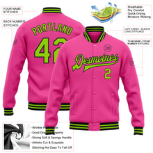 Load image into Gallery viewer, Custom Pink Neon Green-Black Bomber Full-Snap Varsity Letterman Jacket
