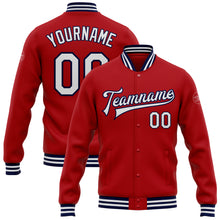 Load image into Gallery viewer, Custom Red White-Navy Bomber Full-Snap Varsity Letterman Jacket
