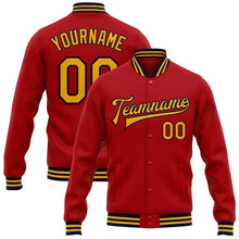 Load image into Gallery viewer, Custom Red Gold-Navy Bomber Full-Snap Varsity Letterman Jacket

