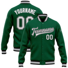 Load image into Gallery viewer, Custom Kelly Green White Black-Gray Bomber Full-Snap Varsity Letterman Jacket
