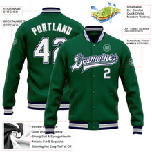 Load image into Gallery viewer, Custom Kelly Green White Navy-Gray Bomber Full-Snap Varsity Letterman Jacket
