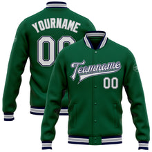 Load image into Gallery viewer, Custom Kelly Green White Navy-Gray Bomber Full-Snap Varsity Letterman Jacket
