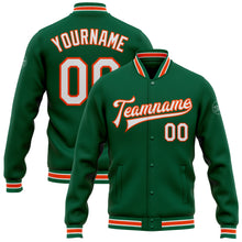 Load image into Gallery viewer, Custom Kelly Green White-Orange Bomber Full-Snap Varsity Letterman Jacket
