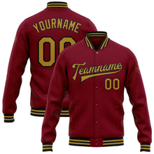 Load image into Gallery viewer, Custom Crimson Old Gold-Black Bomber Full-Snap Varsity Letterman Jacket
