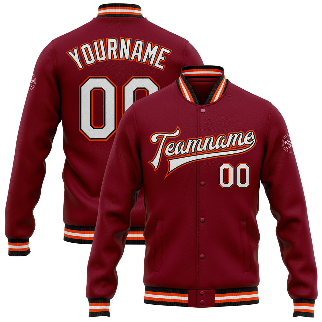 Custom Crimson White Black-Orange Bomber Full-Snap Varsity Letterman Jacket