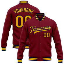 Load image into Gallery viewer, Custom Crimson Gold-Navy Bomber Full-Snap Varsity Letterman Jacket
