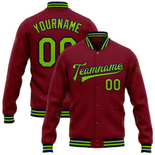 Load image into Gallery viewer, Custom Crimson Neon Green-Navy Bomber Full-Snap Varsity Letterman Jacket
