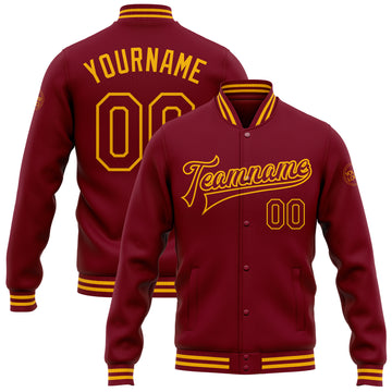 Custom Crimson Gold Bomber Full-Snap Varsity Letterman Jacket