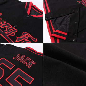 Custom Black Gray Pinstripe Red Bomber Full-Snap Varsity Letterman Jacket