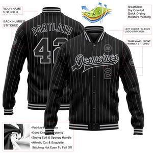 Custom Black Gray Pinstripe Gray Bomber Full-Snap Varsity Letterman Jacket