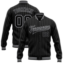 Load image into Gallery viewer, Custom Black Gray Pinstripe Gray Bomber Full-Snap Varsity Letterman Jacket
