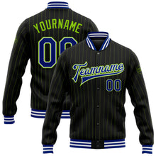 Load image into Gallery viewer, Custom Black Neon Green Pinstripe Royal-White Bomber Full-Snap Varsity Letterman Jacket
