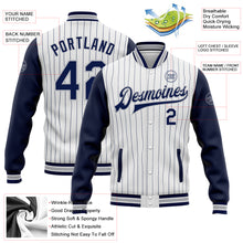 Load image into Gallery viewer, Custom White Navy Pinstripe Gray Bomber Full-Snap Varsity Letterman Two Tone Jacket
