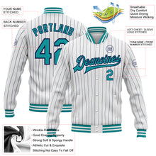 Load image into Gallery viewer, Custom White Navy Pinstripe Teal Bomber Full-Snap Varsity Letterman Jacket
