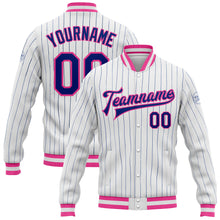 Load image into Gallery viewer, Custom White Royal Pinstripe Pink Bomber Full-Snap Varsity Letterman Jacket
