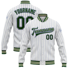 Load image into Gallery viewer, Custom White Royal Pinstripe Green-Cream Bomber Full-Snap Varsity Letterman Jacket
