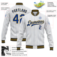 Load image into Gallery viewer, Custom White Royal Pinstripe Old Gold-Black Bomber Full-Snap Varsity Letterman Jacket
