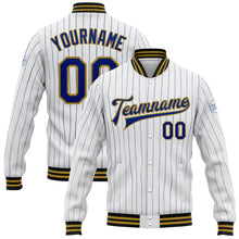 Load image into Gallery viewer, Custom White Royal Pinstripe Old Gold-Black Bomber Full-Snap Varsity Letterman Jacket
