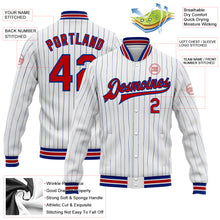 Load image into Gallery viewer, Custom White Royal Pinstripe Red Bomber Full-Snap Varsity Letterman Jacket
