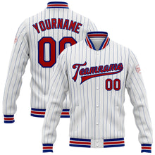 Load image into Gallery viewer, Custom White Royal Pinstripe Red Bomber Full-Snap Varsity Letterman Jacket
