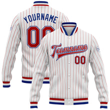 Load image into Gallery viewer, Custom White Red Pinstripe Royal Bomber Full-Snap Varsity Letterman Jacket
