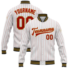 Load image into Gallery viewer, Custom White Red Pinstripe Old Gold-Black Bomber Full-Snap Varsity Letterman Jacket
