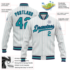 Custom White Teal Pinstripe Navy Bomber Full-Snap Varsity Letterman Jacket